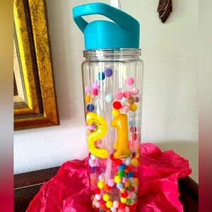 New Hallmark 21 Birthday colorful  Pom Pom Water Bottle with pop top straw 21st